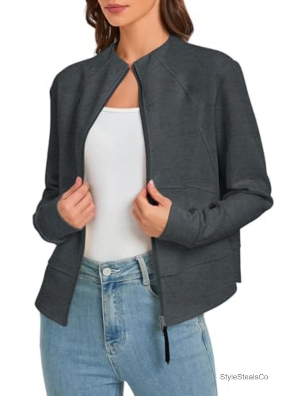Women's Cropped Zip Up Bomber Jacket Lightweight Sweatshirt with Pockets